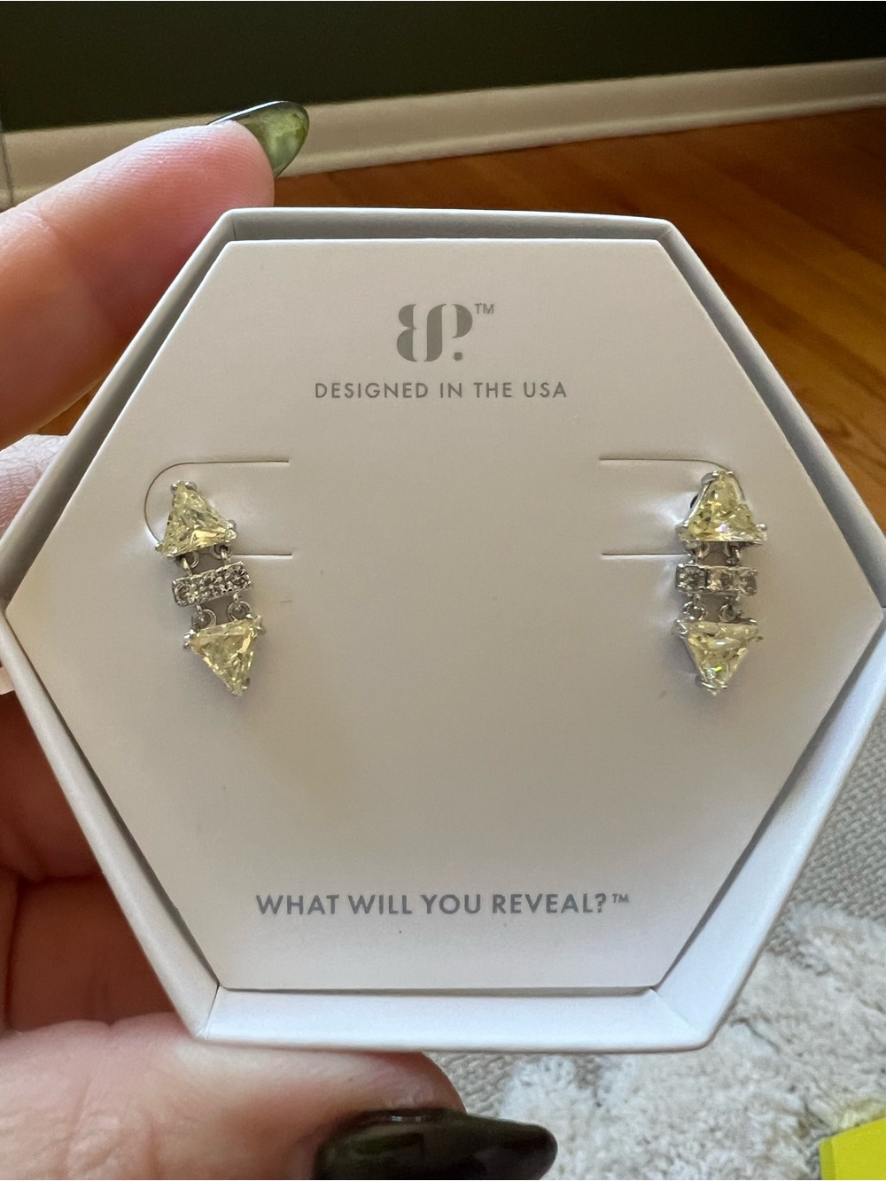 bp Yellow Crystal Tri-Stack Stud Earrings in Silver Tone